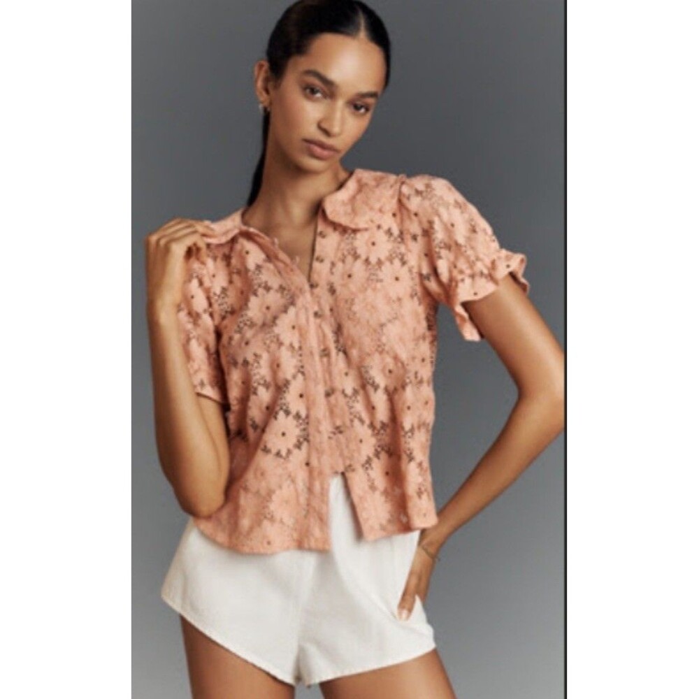 Anthropologie Pilcro The Keira Lace Blouse Coral Sz XXS NEW Boho Colorful Sunny
